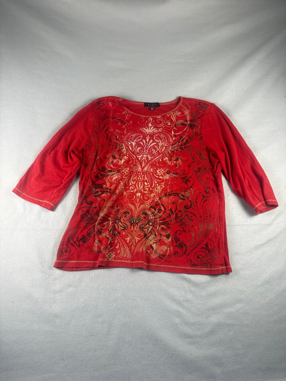 BLEU Top Womens 1X Red 3/4 Sleeve Paisley Metallic Graphics Y2K Colorful Classic